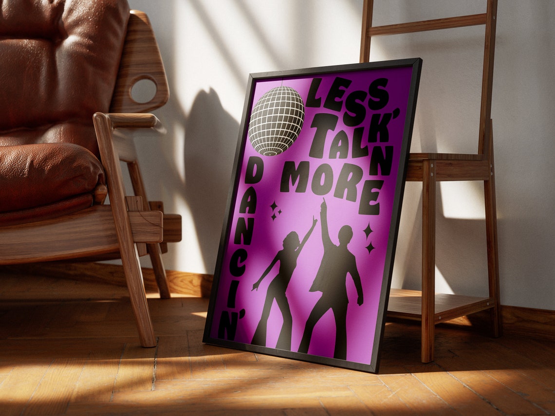 Retro Less Talk More Dancin Purple Disco Dancers Quote Poster - Image 4