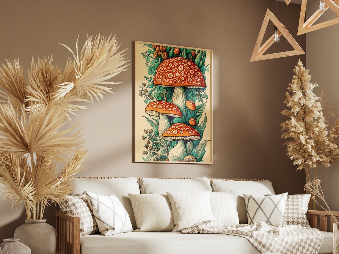 Red Fly Agaric Mushrooms Vintage Botanical Illustration Poster - Image 4
