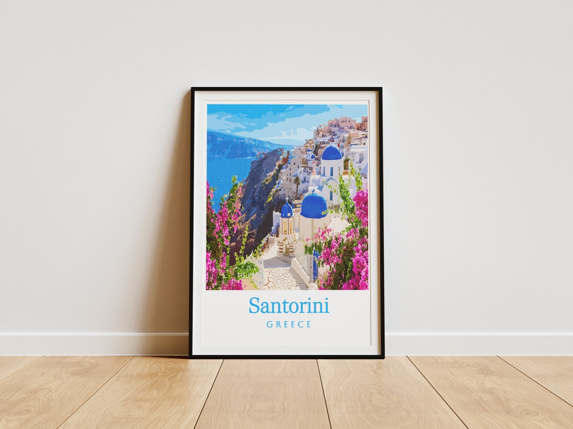 Santorini Greece Blue Domed Village Aegean Sea Travel Poster