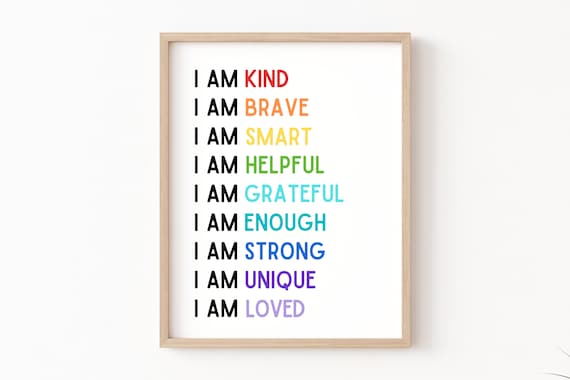 Affirmations for Kids Classroom Poster, I Am Kind Smart Loved