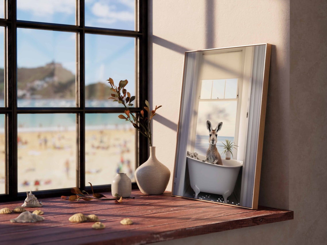 Kangaroo Sitting In A Bathtub By A Coastal Ocean Window Poster - Image 2