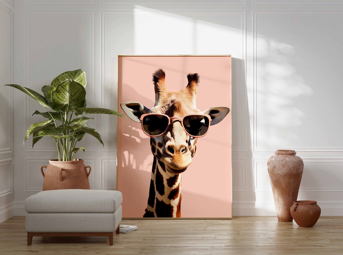 Sweet Giraffe Wearing Pink Sunglasses on Blush Background Poster - Image 3