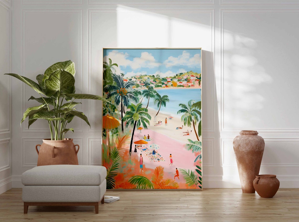 Pink Sand Beach Coconut Palm Sunbathers Retro Vacation Poster - Image 3