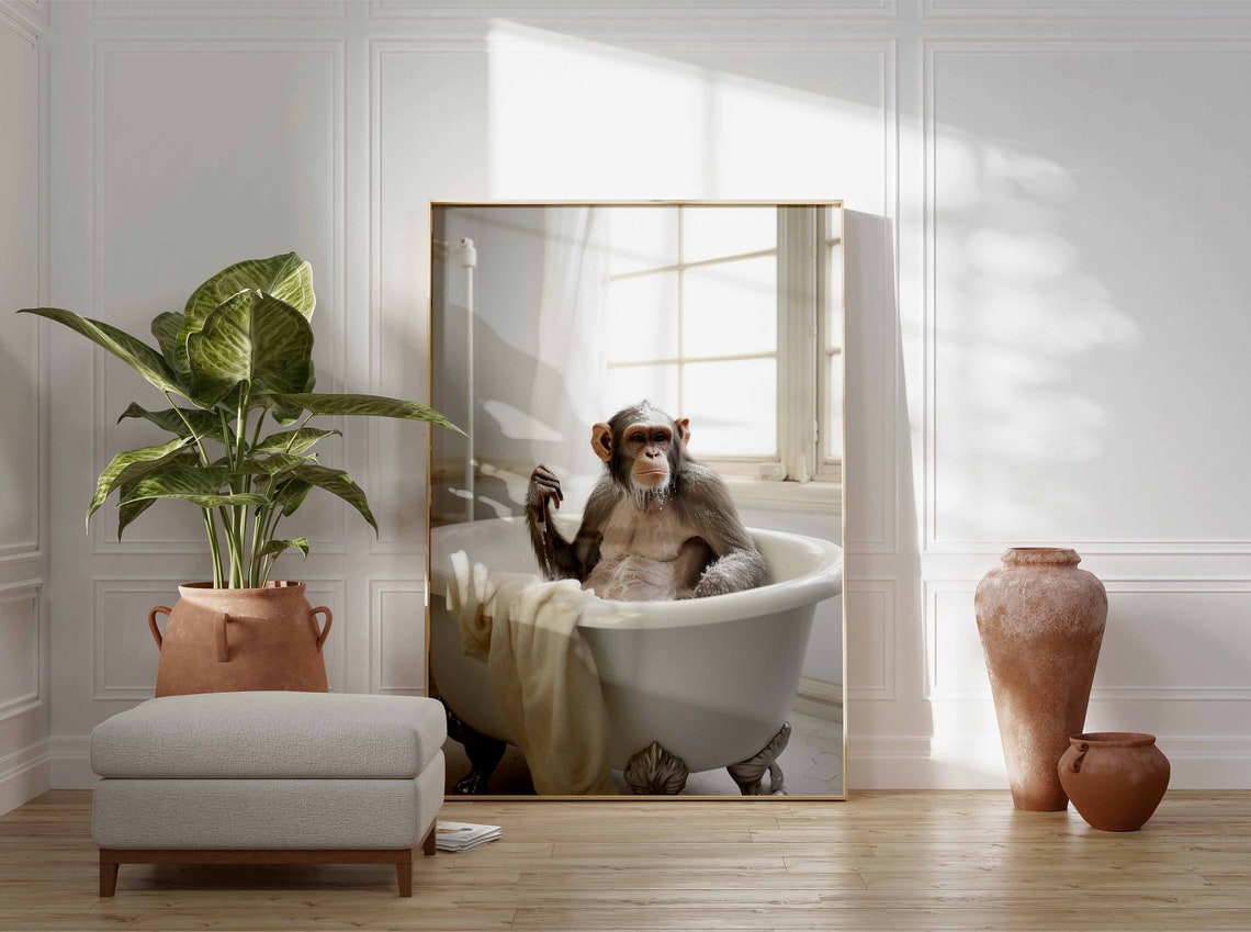 Relaxed Chimpanzee Soaking In A Soapy White Bathtub Spa Poster - Image 3