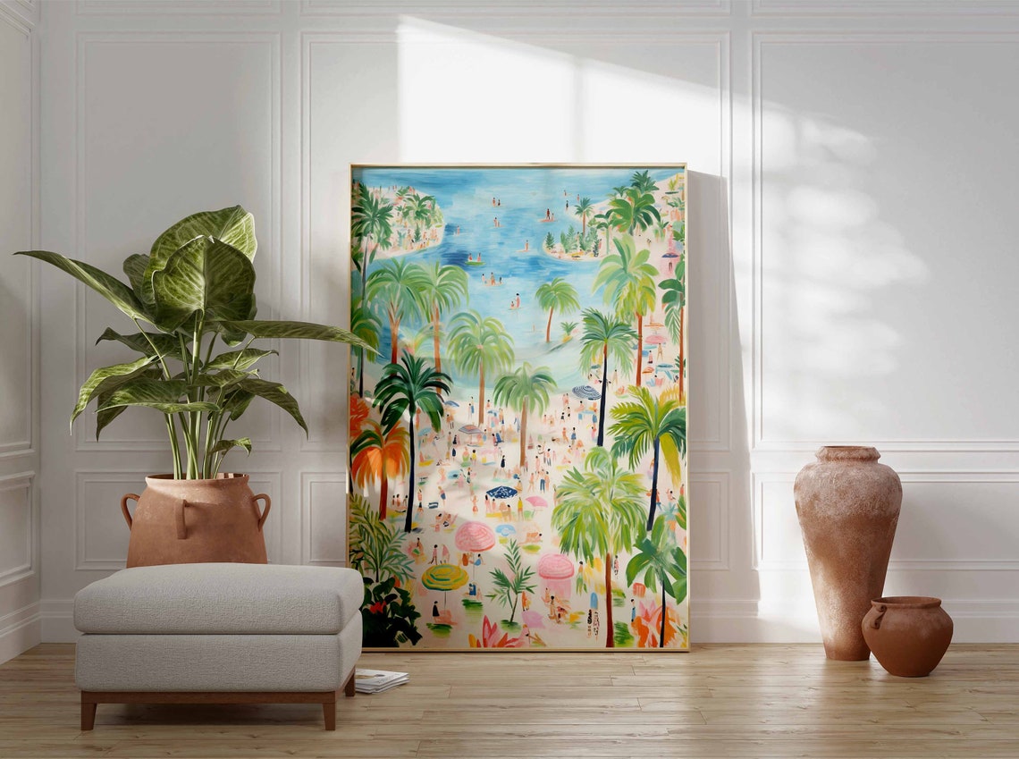 Aerial Palm Lined Beach Colorful Umbrella Tropical Day Poster - Image 3