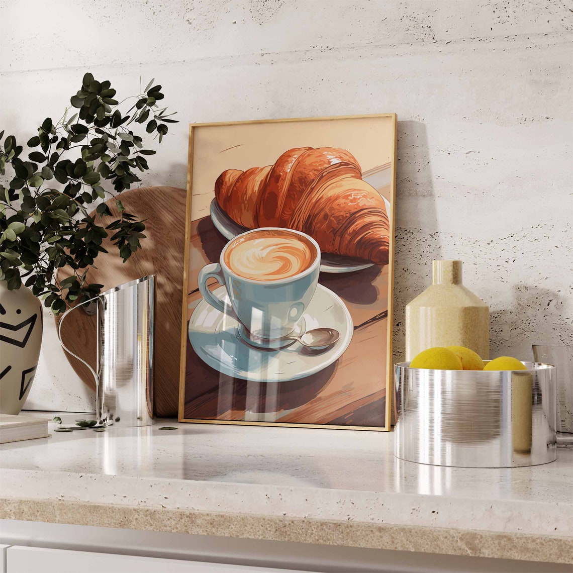 Cappuccino Latte Art Croissant Wooden Table Illustration Poster - Image 2