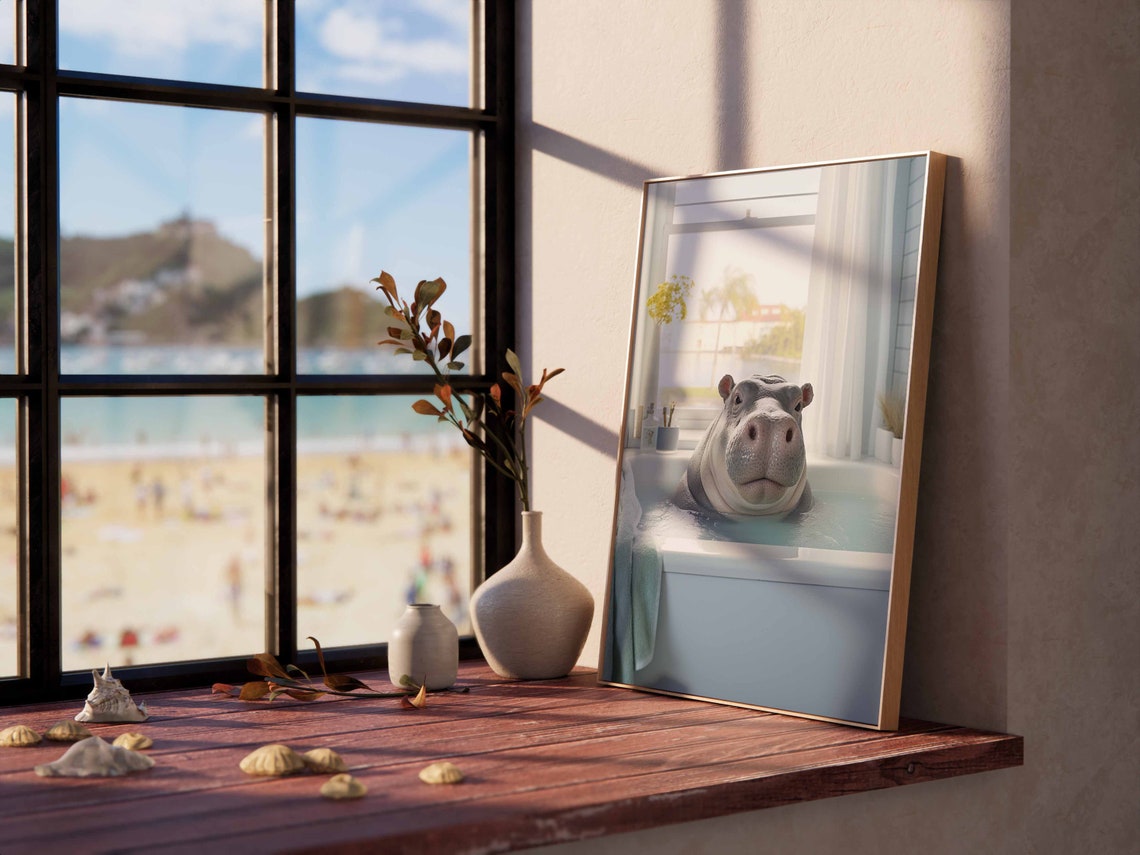 Hippo Soaking In A Turquoise Bathtub By The Palm Trees Poster - Image 2