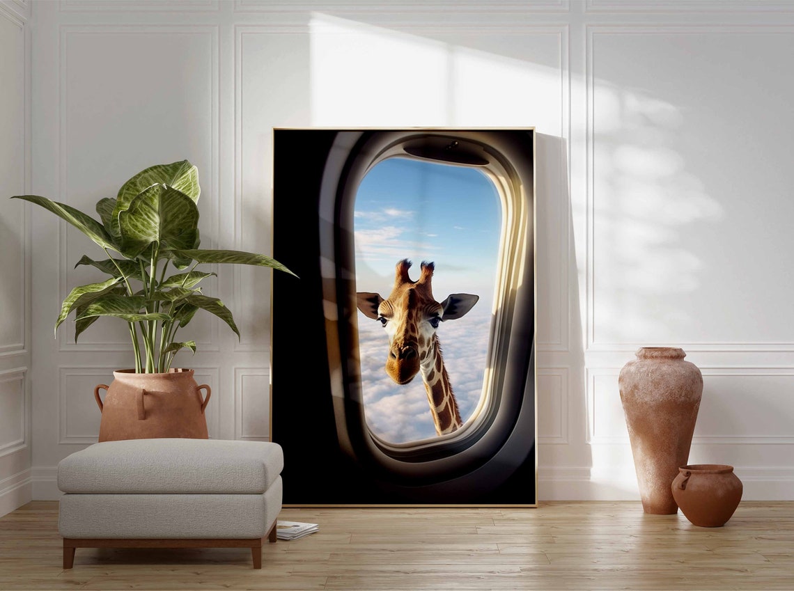 Curious Giraffe Peering Into an Airplane Window in the Sky Poster - Image 3