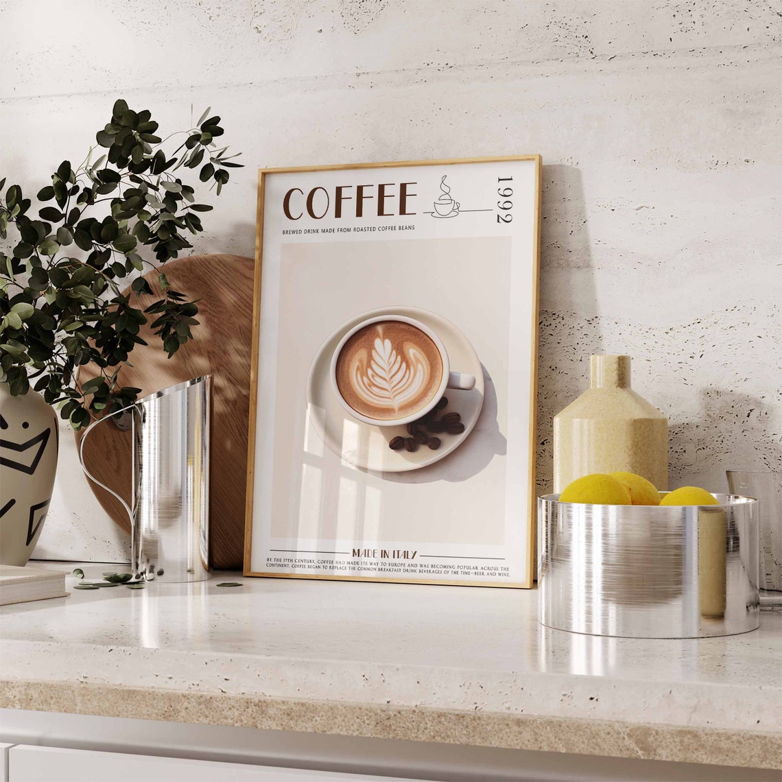Coffee 1992 Latte Art Cup With Beans Cream Background Poster - Image 2
