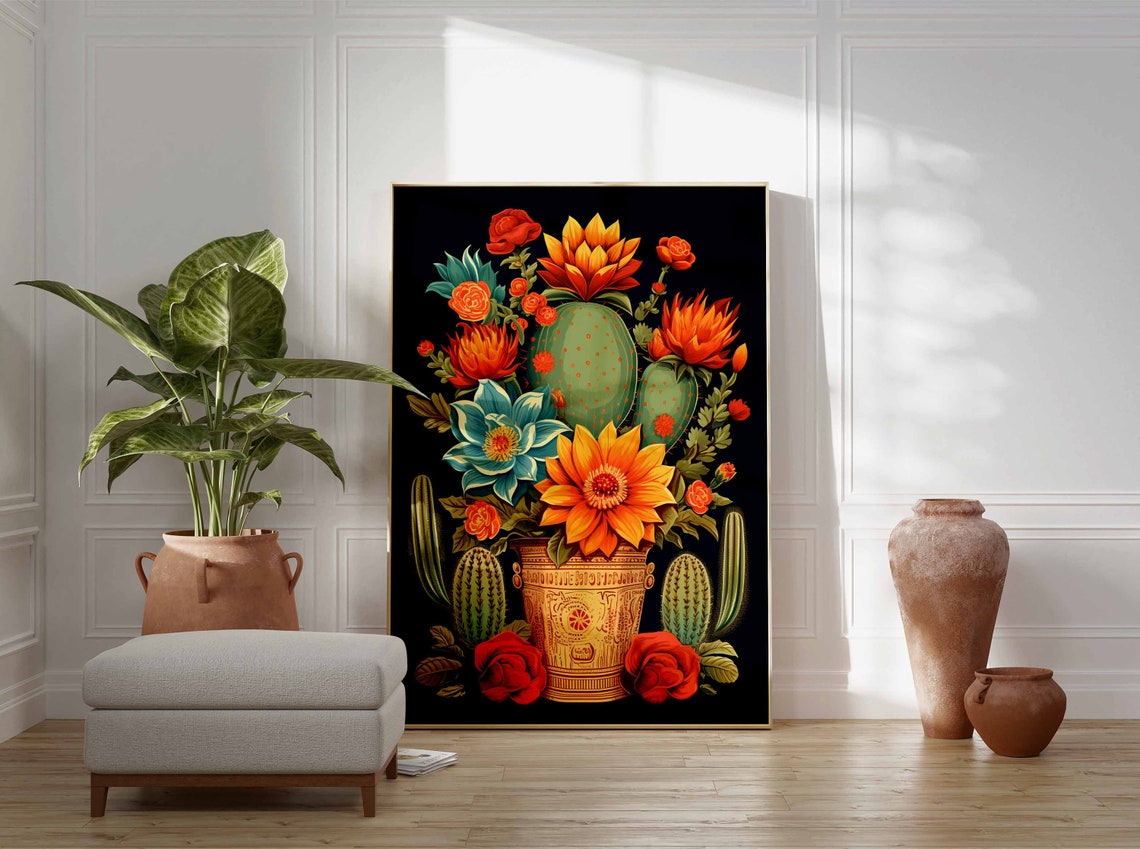 Blooming Prickly Pear Cactus Flower Pot Colorful Mexican Print - Image 3