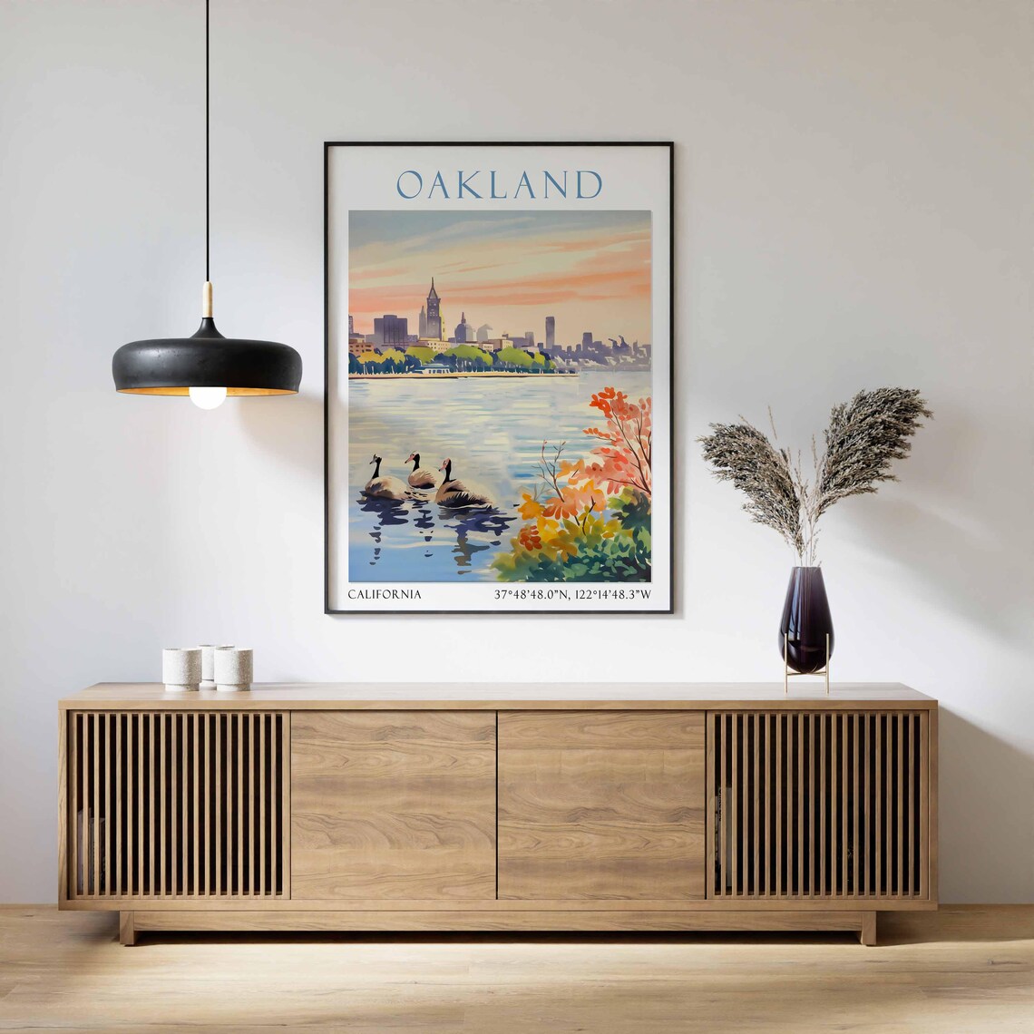 Oakland California Lake Merritt Sunset Watercolor Travel Poster - Image 2