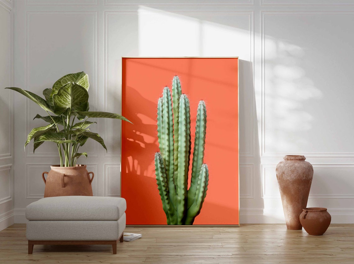 Tall Columnar Cactus Against a Bold Coral Orange Background Poster - Image 3