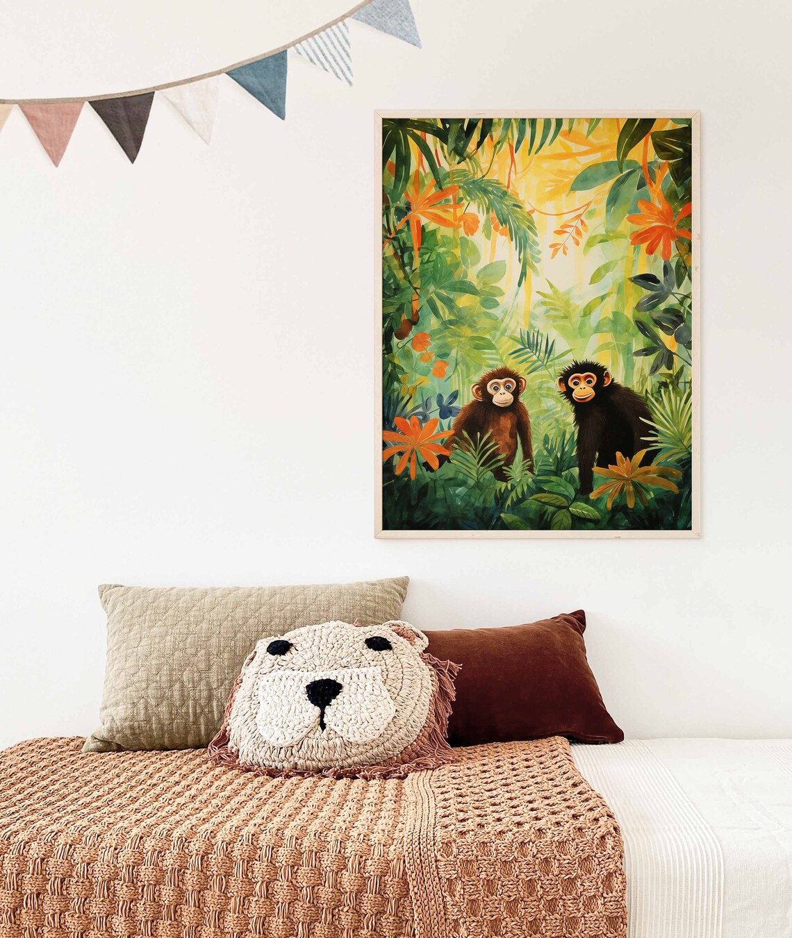 Two Cute Baby Monkeys in Lush Jungle Watercolor Poster for Kids - Image 3
