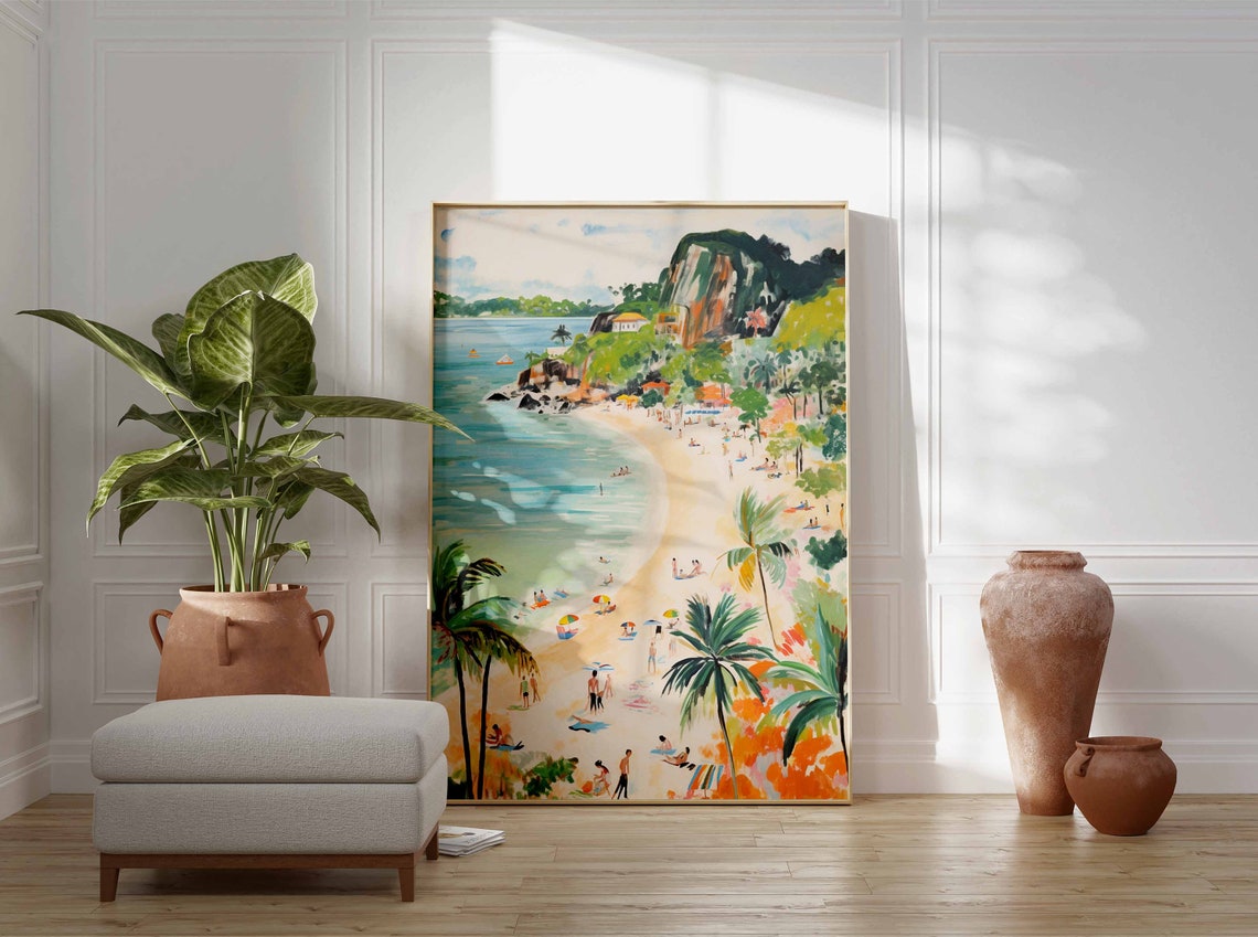 Sandy Tropical Beach with Palm Trees and a Rocky Headland Poster - Image 3