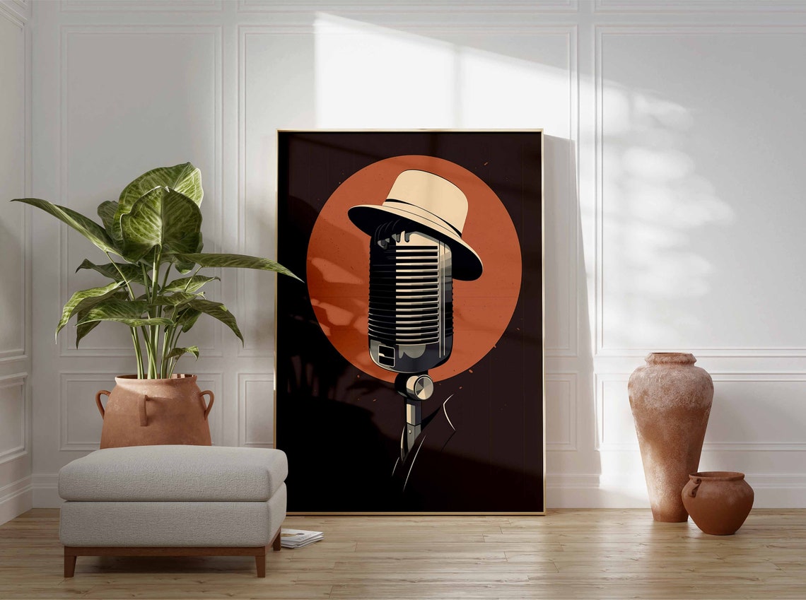 Retro Microphone Fedora Dark Orange Vintage Music Bar Poster - Image 2