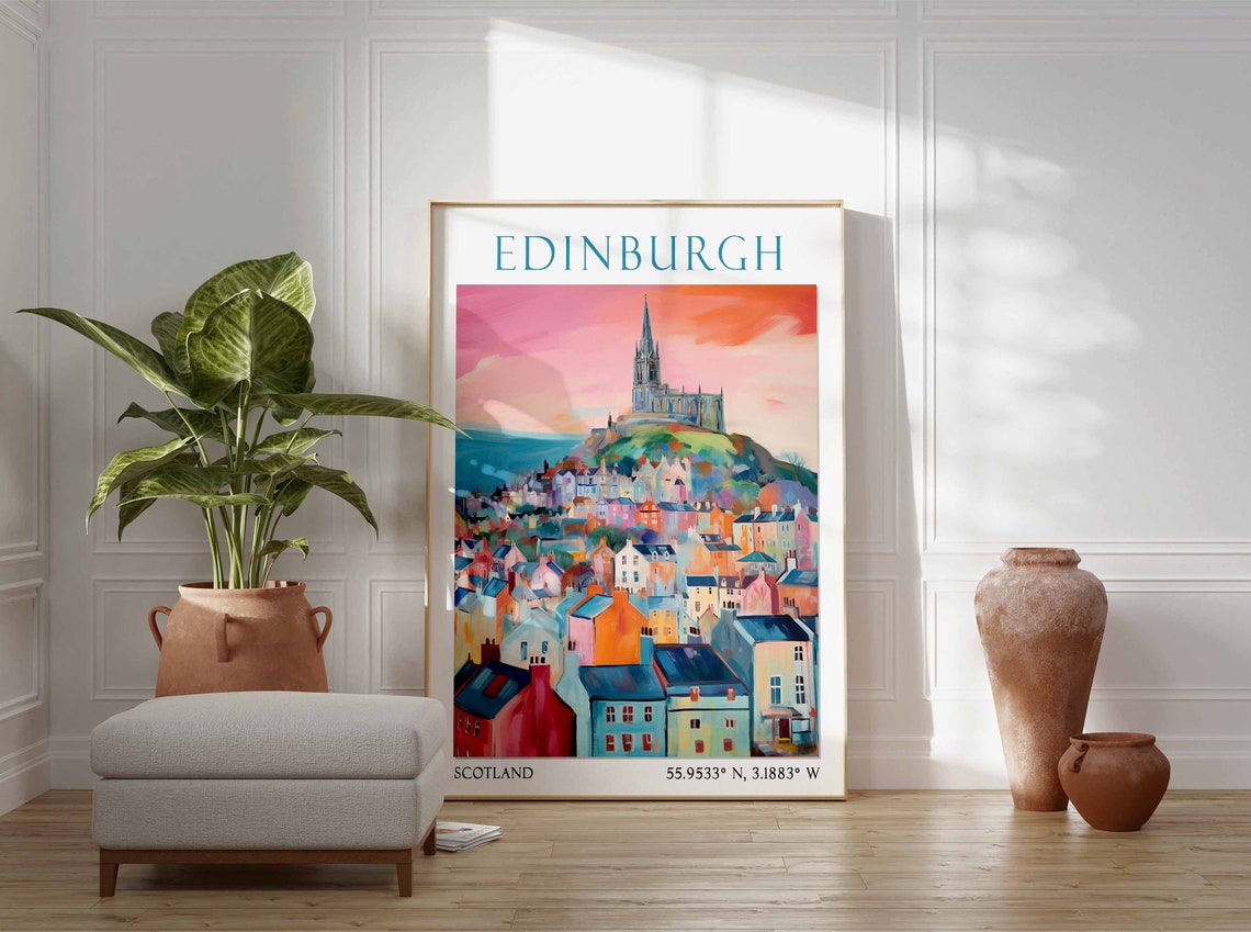 Edinburgh City at Pink Sunset with Hilltop Church Poster Art - Image 2