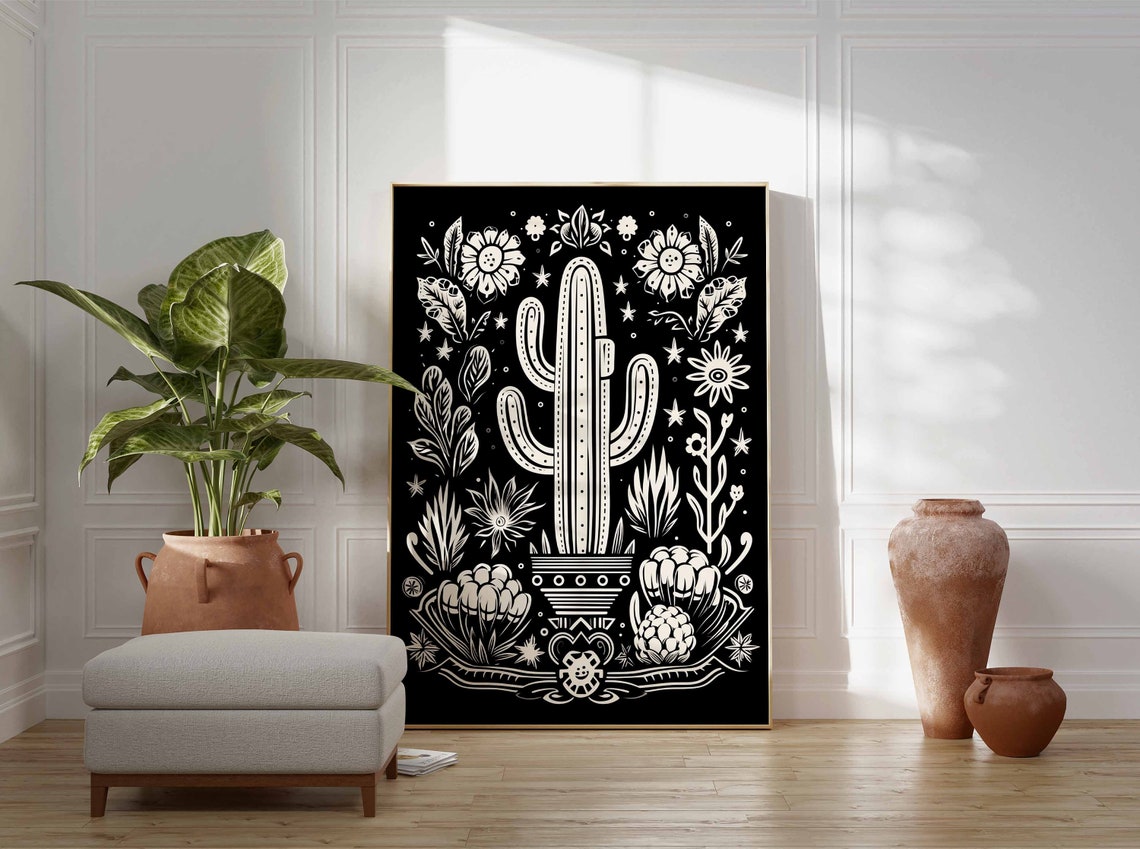 Black and White Saguaro Cactus Folk Linocut Desert Plant Wall Art - Image 3