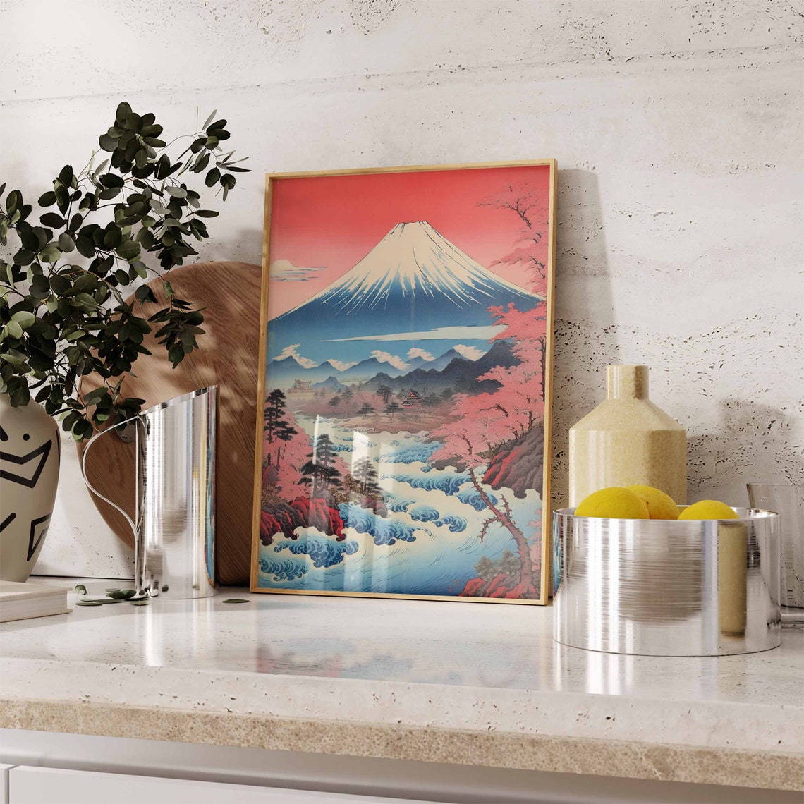 Mount Fuji Red Sky Cherry Blossom River Japanese Decor Poster - Image 3