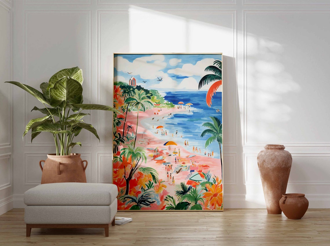 Pink Curved Beach Palm Tropical Resort Birds Vacation Poster - Image 3