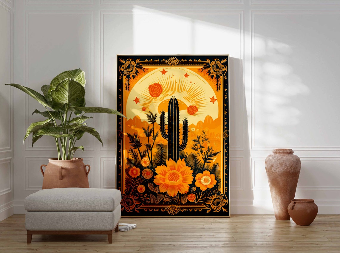 Mexican Tarot Cactus Sun Black Gold Ornate Roses Art Deco Poster - Image 3