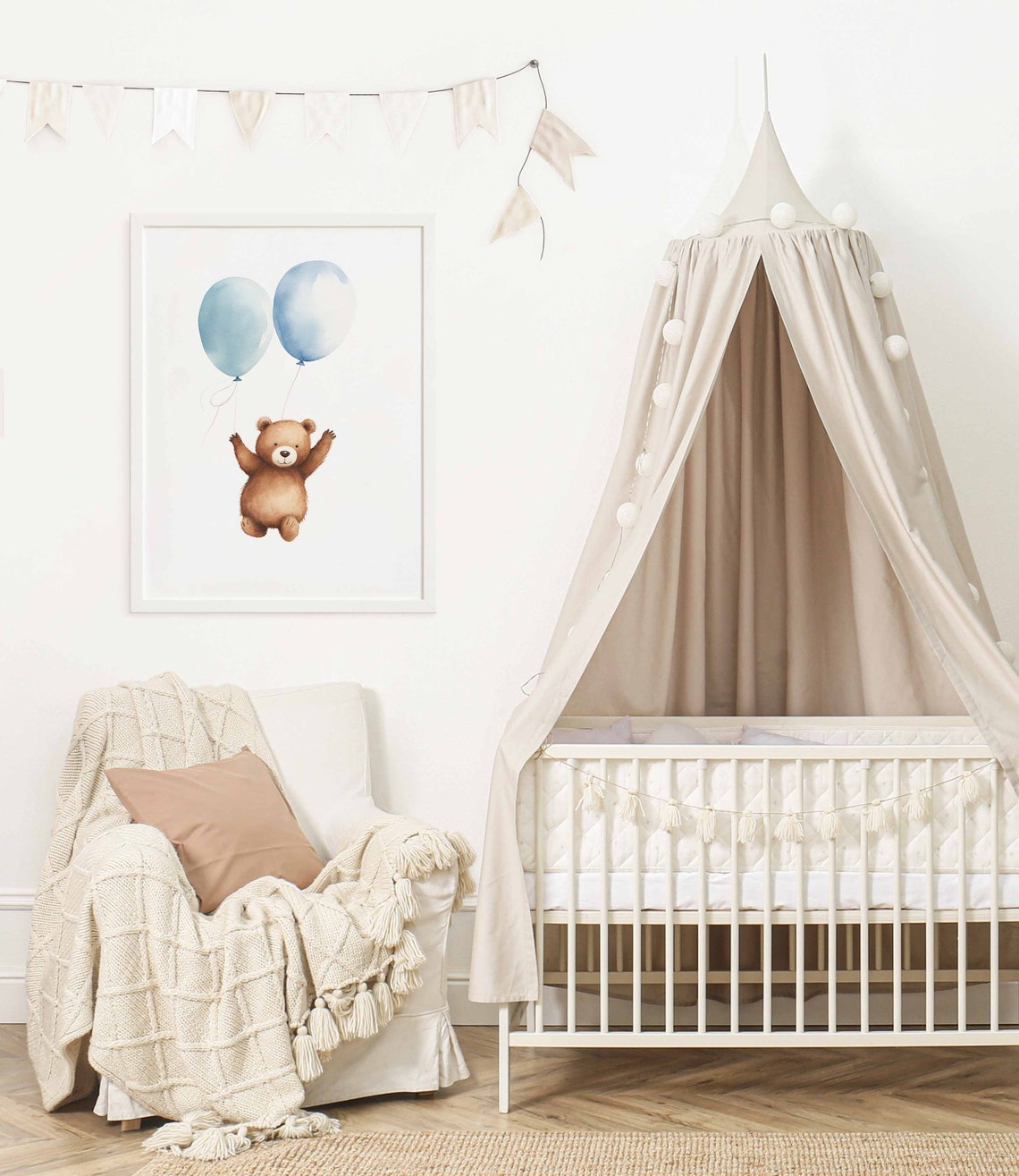 Cute Teddy Bear Floating with Two Blue Balloons Nursery Poster - Image 2