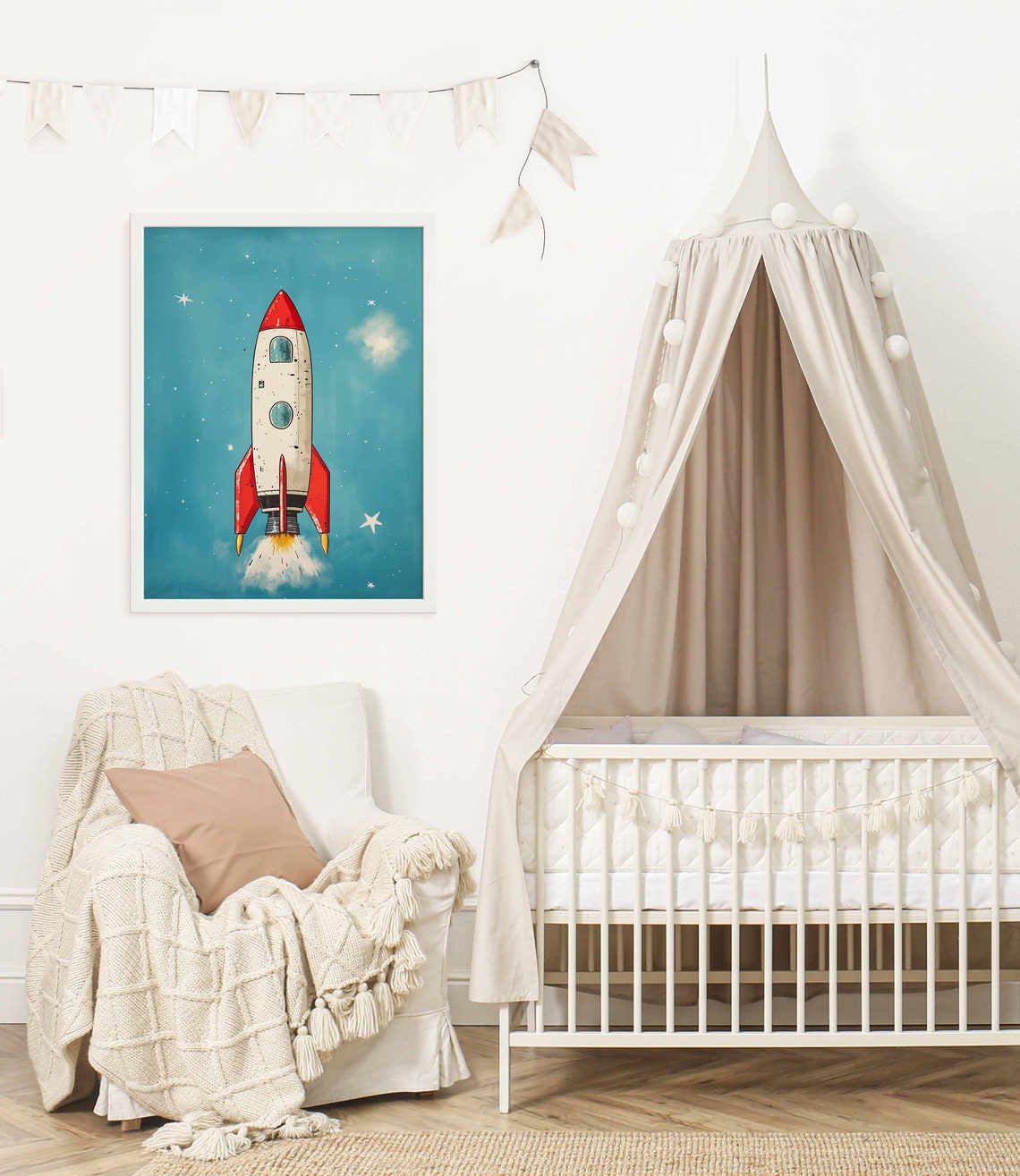 Red and White Rocket Ship Launching Poster on Teal Starry Sky - Image 2