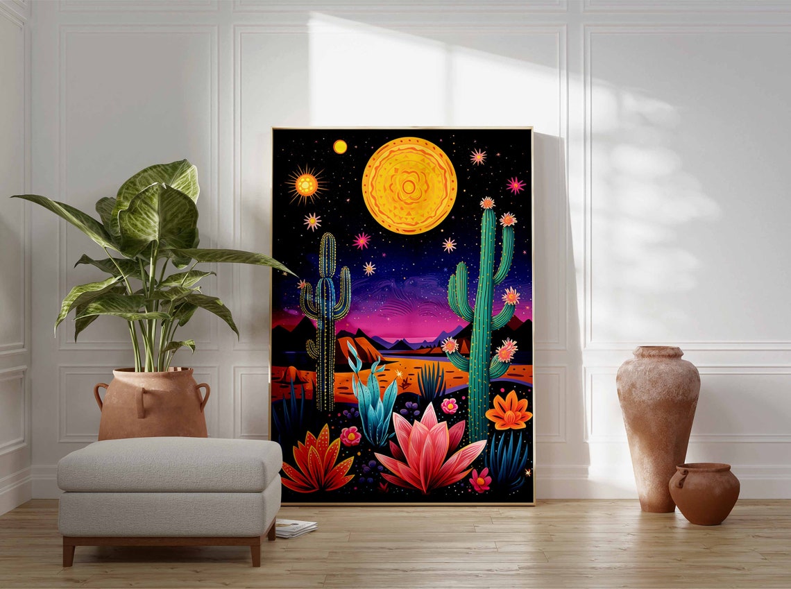 Neon Desert Night Landscape Poster with Cacti Moon and Flowers - Image 3