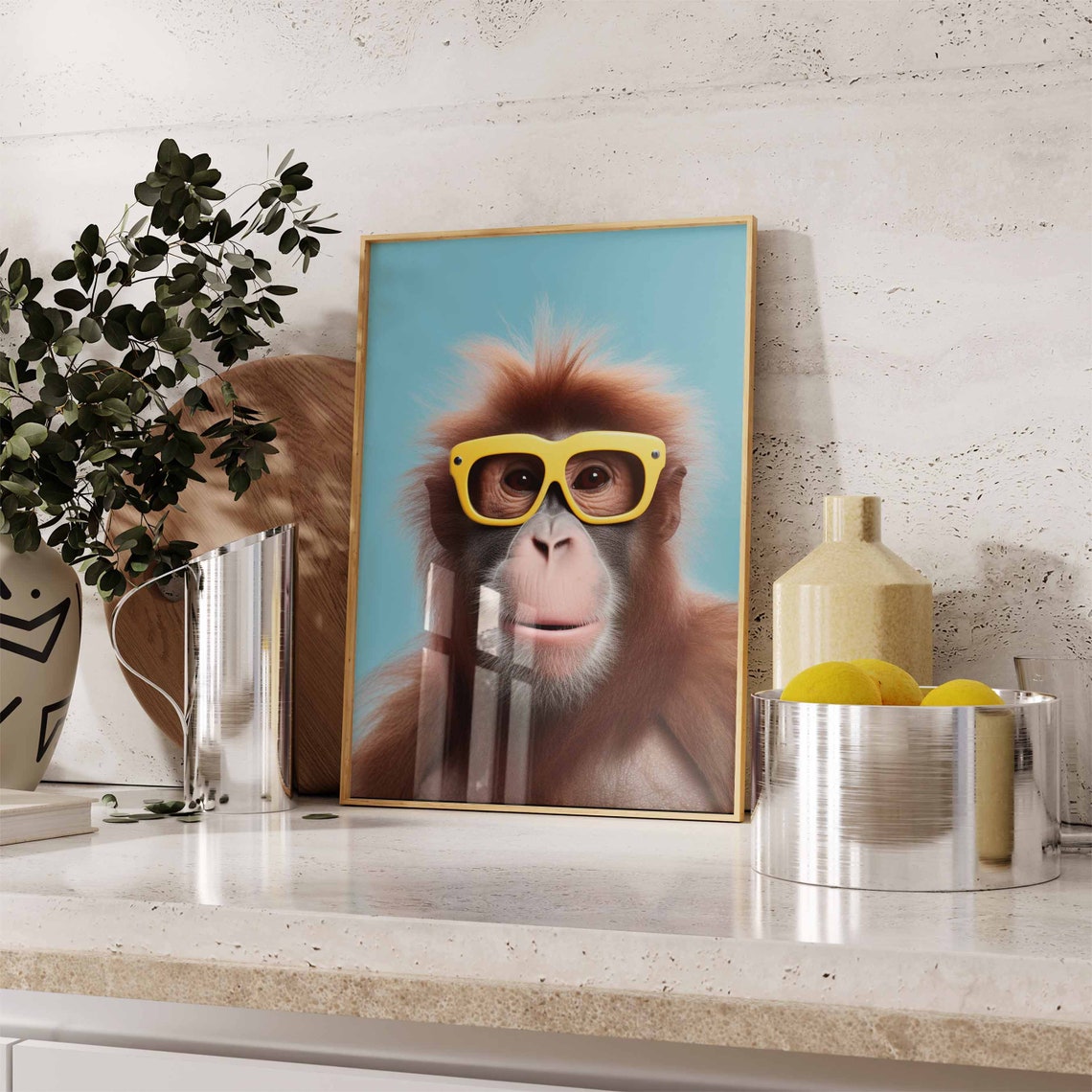 Orangutan Wearing Yellow Glasses on a Teal Background Poster - Image 2