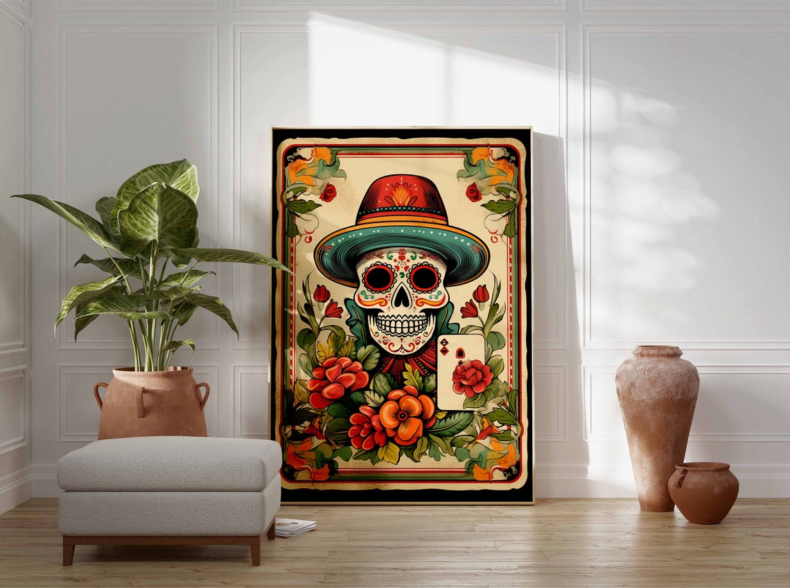 Day of the Dead Skull Red Sombrero Playing Card Vintage Poster - Image 2