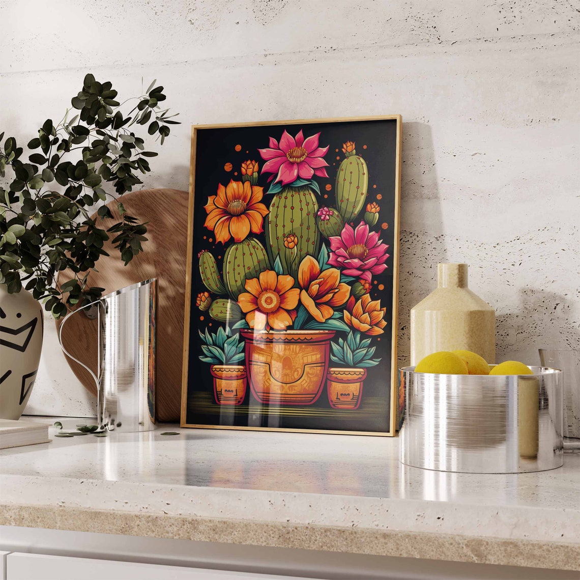 Colorful Mexican Terracotta Pots Blooming Cacti Aztec Black Poster - Image 2