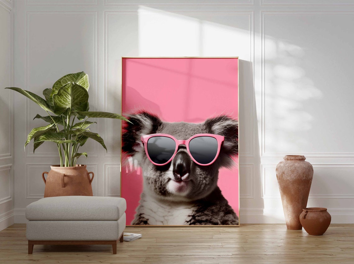 Smiling Koala in Pink Sunglasses Against a Pink Background Poster - Image 3