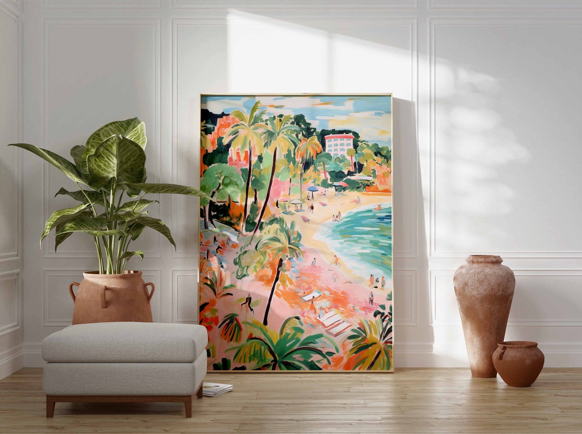 Impressionist Pink Sand Beach Colorful Hillside Village Poster - Image 3