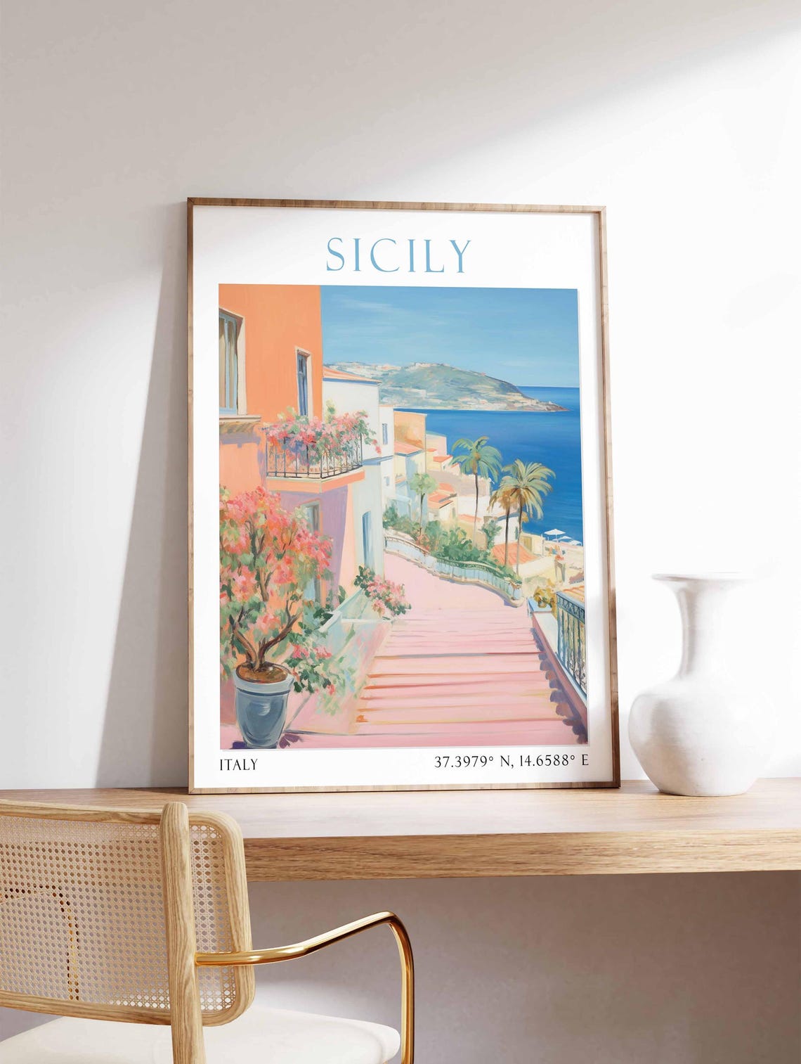 Sicily Coastal Village Steps Seaside Town Watercolor Travel Poster - Image 4