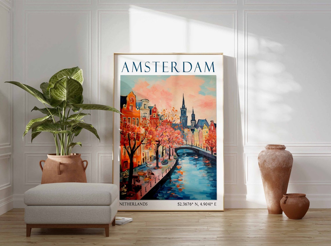 Amsterdam Canal Bridge with Pink Blossom Trees in Spring Poster Art - Image 2