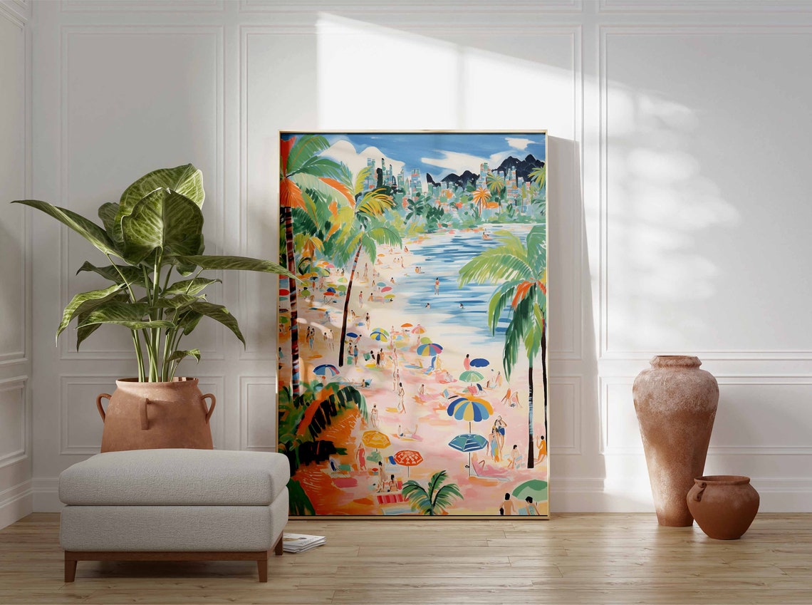 Palm Framed Beach Umbrellas Mountain Town Scene Seaside Poster - Image 3