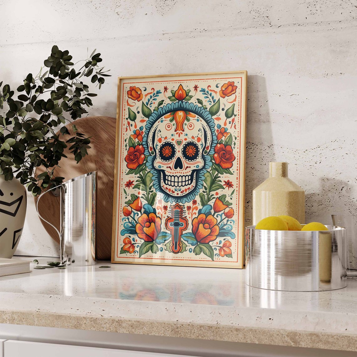 Day of the Dead Skull Blue Halo Guitar Cream Floral Folk Poster - Image 2