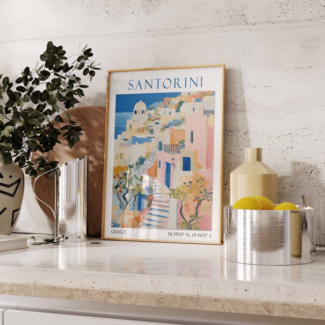 Santorini Village Alley Blue Stairs Sea Watercolor Travel Poster - Image 3