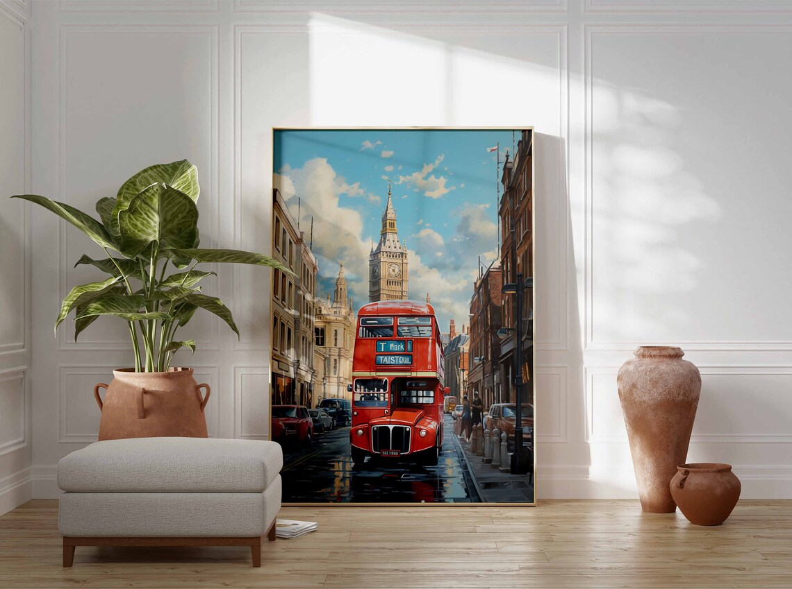 London Red Double Decker Bus Big Ben Sunny Street Oil Painting Print - Image 3