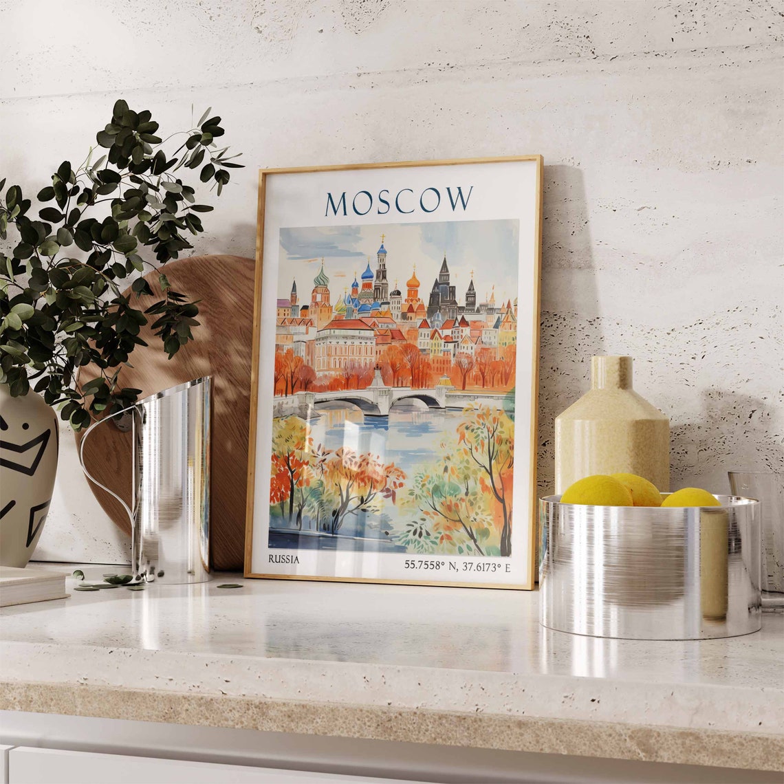 Moscow Russia Autumn River Bridge Onion Domes View Travel Poster - Image 3