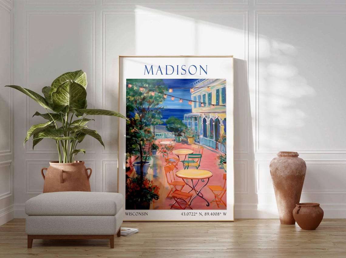 Madison Wisconsin Lake Terrace Cafe String Lights Dusk Travel Poster - Image 3