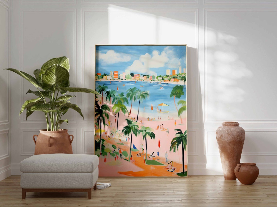 Tall Palm Lined City Beach with a Pink Sand Shoreline Poster - Image 3