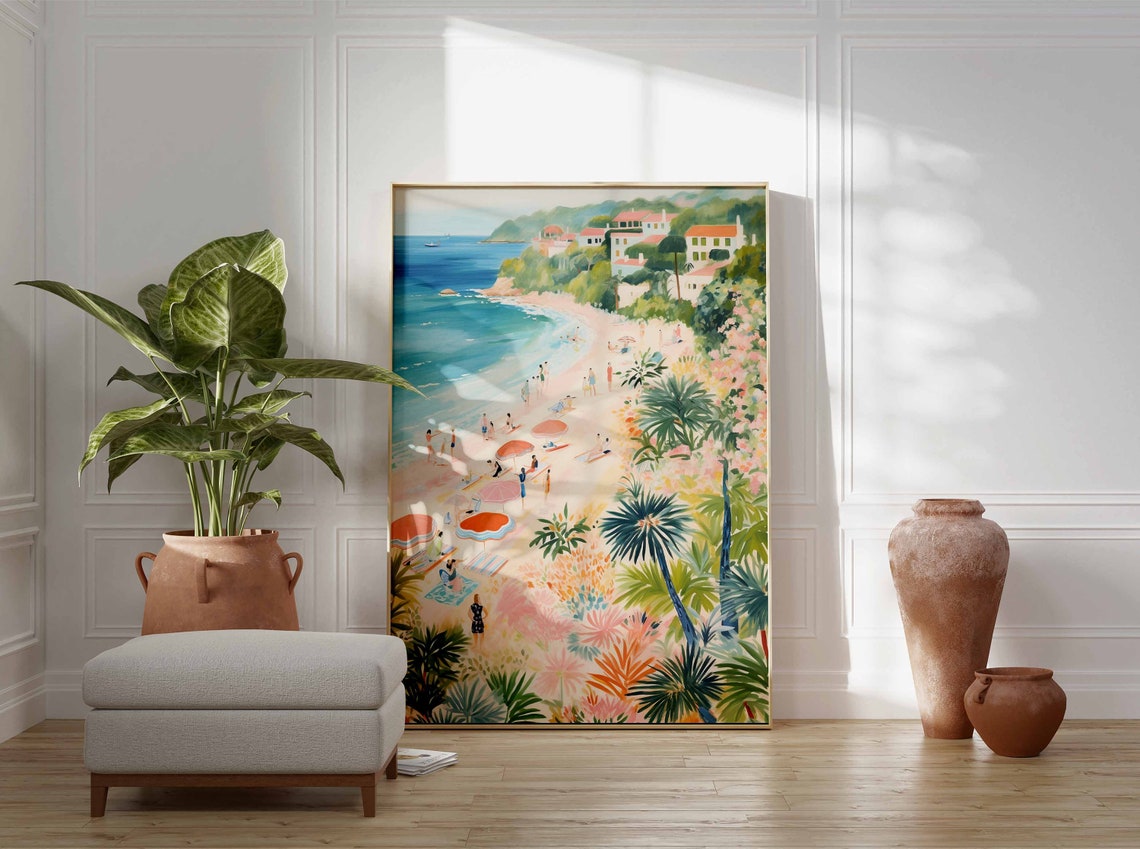 White Sand Cove Pastel Umbrellas Hillside Villa Beach Poster - Image 3