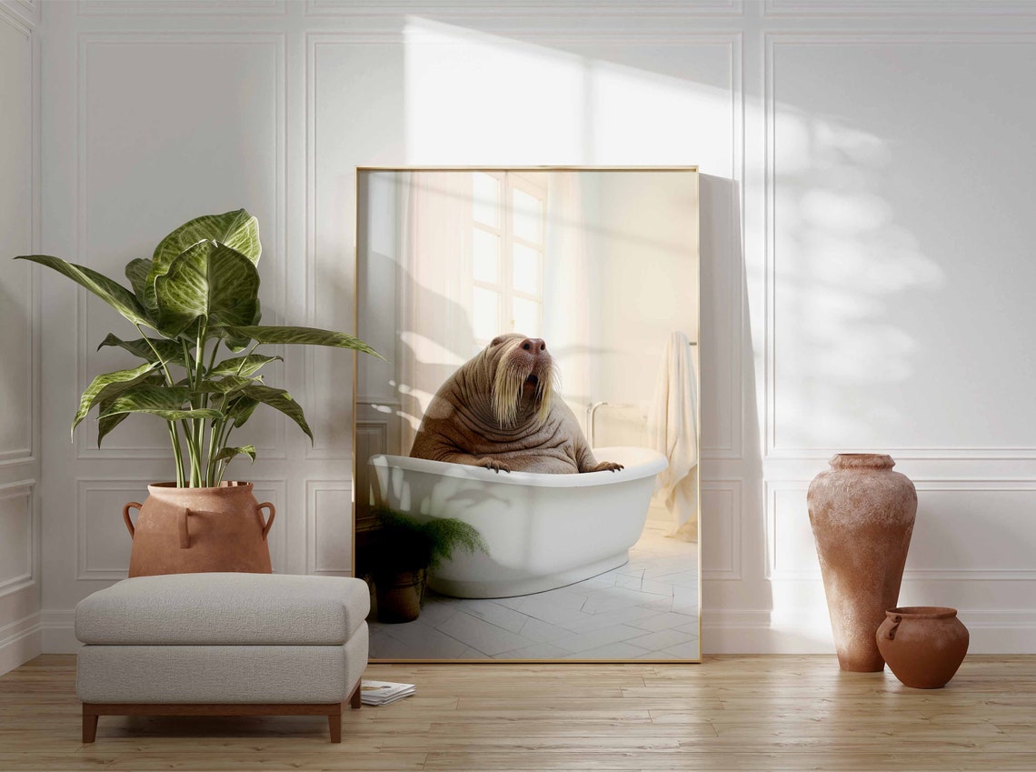 Very Relaxed Walrus in a White Bathtub Funny Bathroom Poster - Image 3