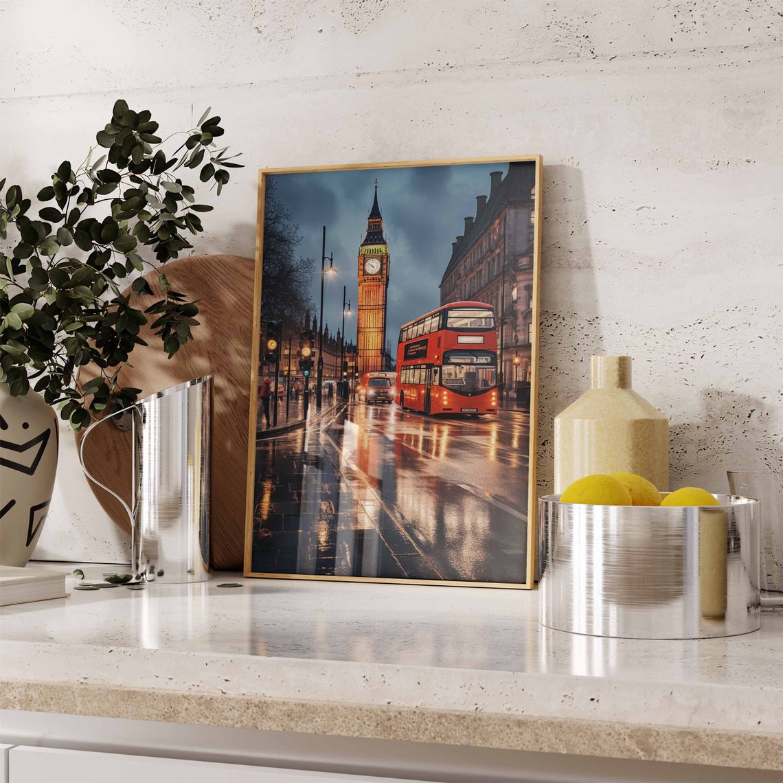 Big Ben Rainy Night Poster with Red Bus and Glowing Street Lights - Image 2