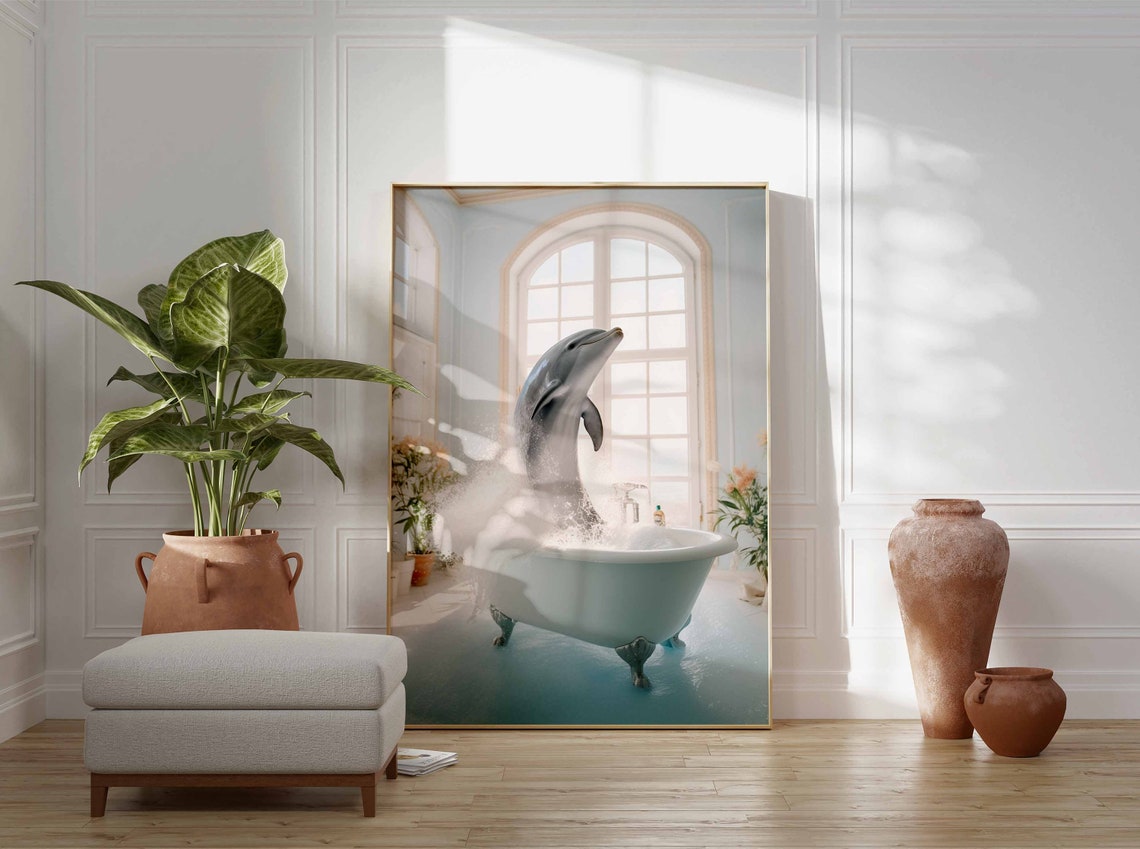 Dolphin Arching Out Of A Clawfoot Tub In A Blue Bathroom Poster - Image 3