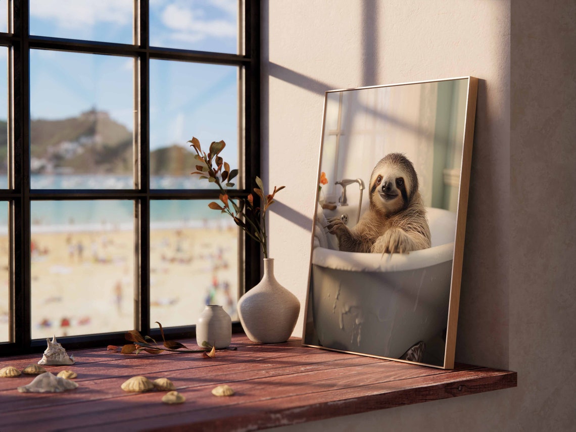Happy Smiling Sloth Soaking in a Bathtub Funny Bathroom Poster - Image 2