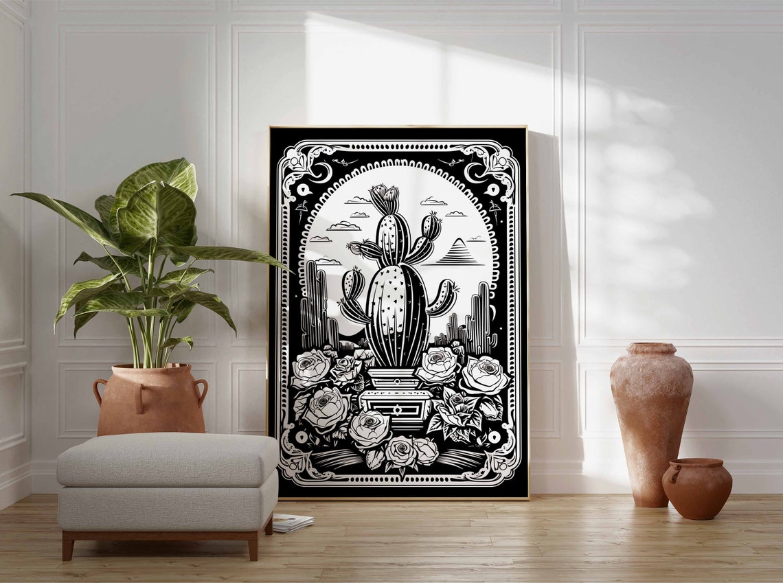 Monochrome Prickly Pear Cactus Roses Linocut Botanical Art Print - Image 3