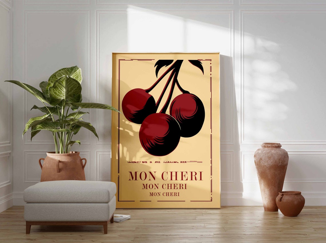 Mon Cheri Cherries Retro Vintage Fruit Kitchen Decor Gift Poster - Image 2