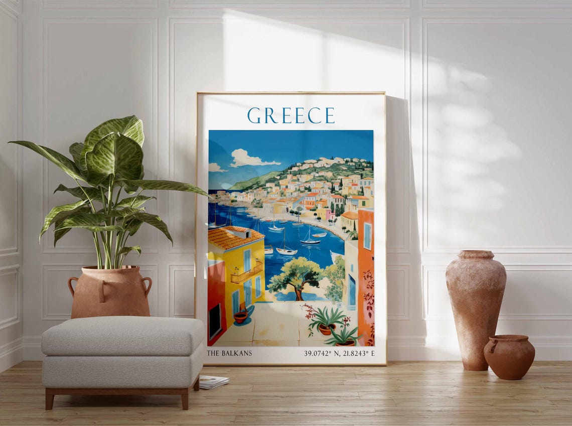 Greece Island Harbor with Sailboats and Colorful Hillside Town Poster - Image 2
