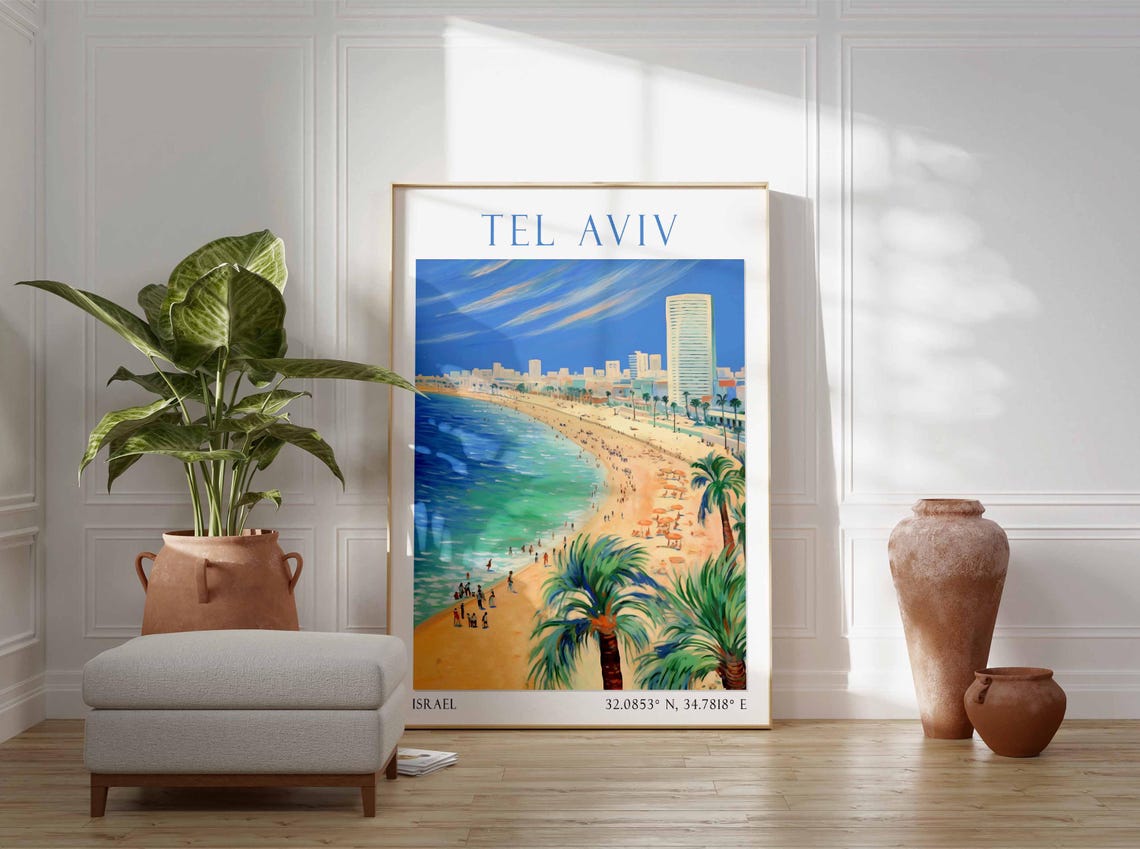 Tel Aviv Israel Beach Promenade Palm Trees City Skyline Poster - Image 2